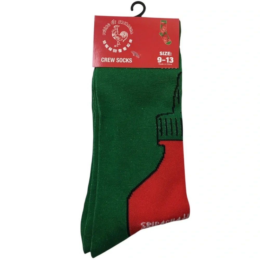 SRIRACHA Bottle Hot Sauce Rooster Crew Socks Adult Size 9-13 Novelty 1 Pair NWT